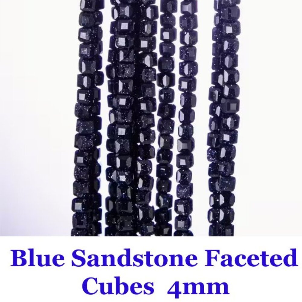 Blue Sandstone Beads 4 mm  Faceted Square Natural Stone  15" Strand